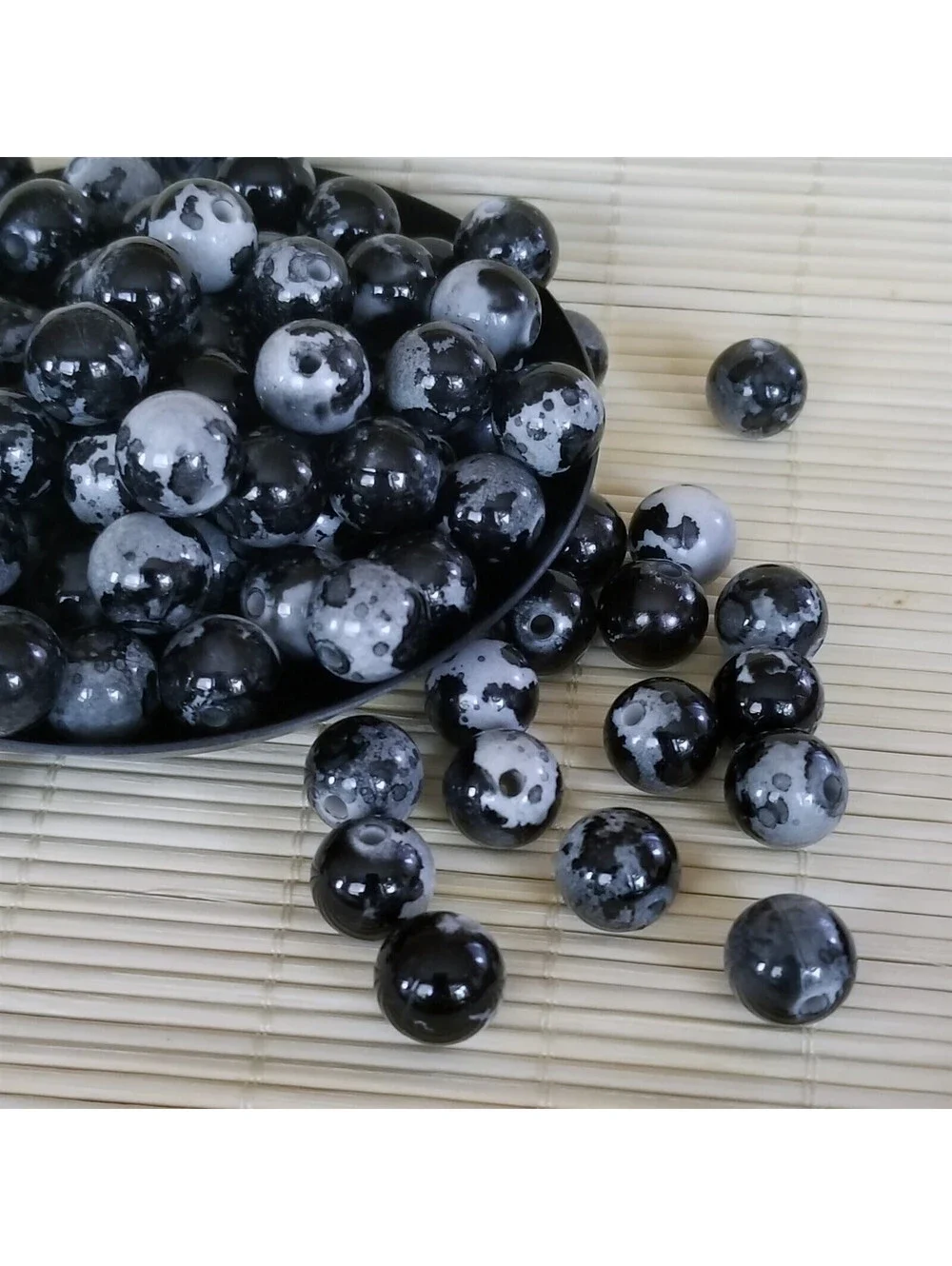Black Grey Abstract Cow Animal Print 12mm Round Retro Acrylic Art Beads 10 pcs